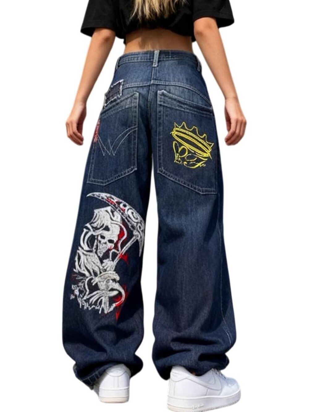 Women's Blue Denim Skull Print Y2k Wide Leg High Rise Waisted Baggy Jeans
